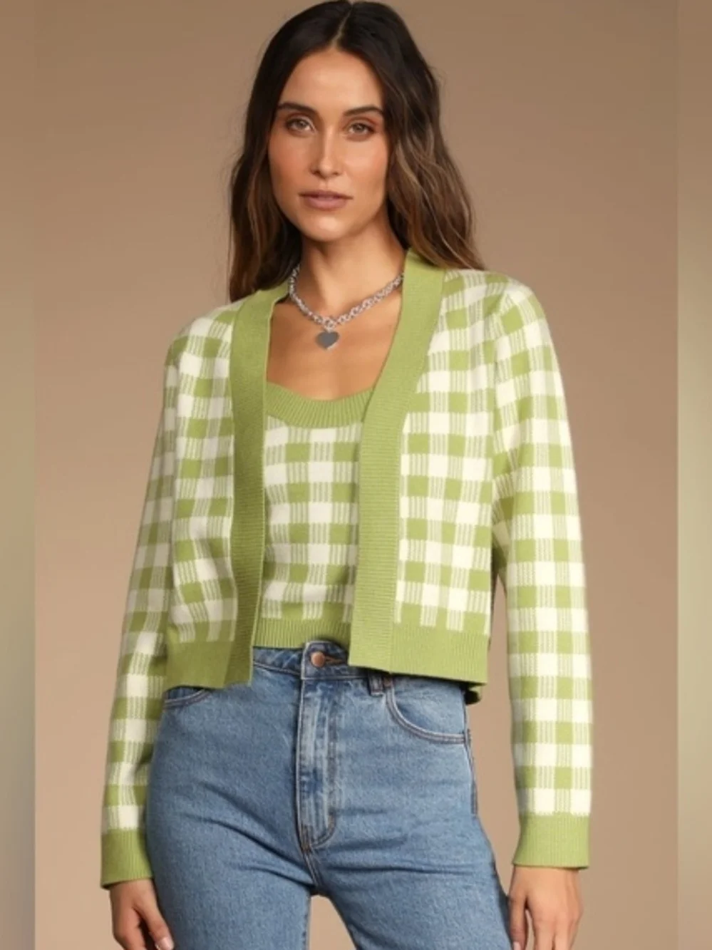 Gingham Knit Cardigan and Tank Set in Sage Green NWOT - Picture 2 of 4